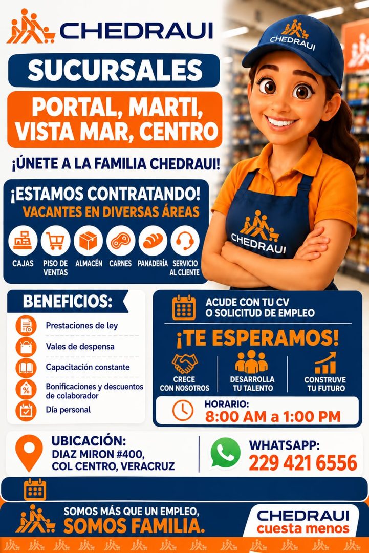 Banner del anuncio de la vacante: CHEDRAUI · SUCURSALES · PORTAL, MARTI, · VISTA MAR, CENTRO · ¡ÚNETE A LA FAMILIA CHEDRAUI! · ¡ESTAMOS CONTRATANDO! · VACANTES EN DIVERSAS ÁR