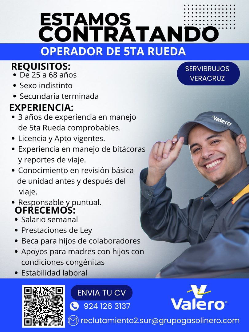 Banner del anuncio de la vacante: ESTAMOS · CONTRATANDO · OPERADOR DE 5TA RUEDA · REQUISITOS: · • De 25 a 68 años · SERVIBRUJOS · VERACRUZ · • Sexo indistinto · • Secundaria 