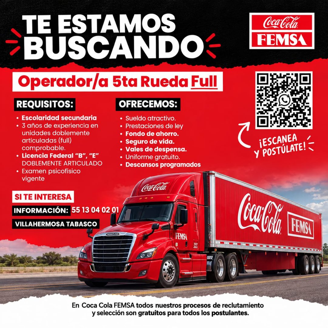 Banner del anuncio de la vacante: TE ESTAMOS · BUSCANDO: · Operador/a 5ta Rueda Full · REQUISITOS: · • Escolaridad secundaria · • 3 años de experiencia en · unidades doblemen