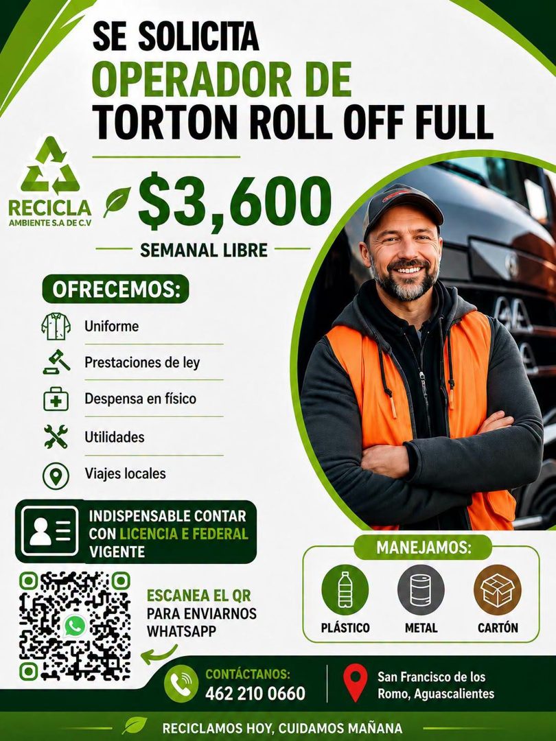 Banner del anuncio de la vacante: RECICLA · AMBIENTE S.A DE C.V · SE SOLICITA · OPERADOR DE · TORTON ROLL OFF FULL · $3,600 · SEMANAL LIBRE · OFRECEMOS: · Uniforme · Prestaci