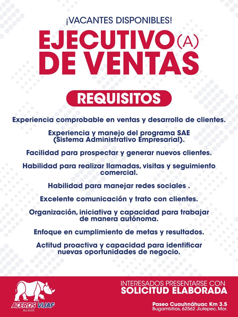 Banner del anuncio de la vacante: ¡VACANTES DISPONIBLES! · EJECUTIVO (A) · DE VENTAS · REQUISITOS · Experiencia comprobable en ventas y desarrollo de clientes. · Experiencia 