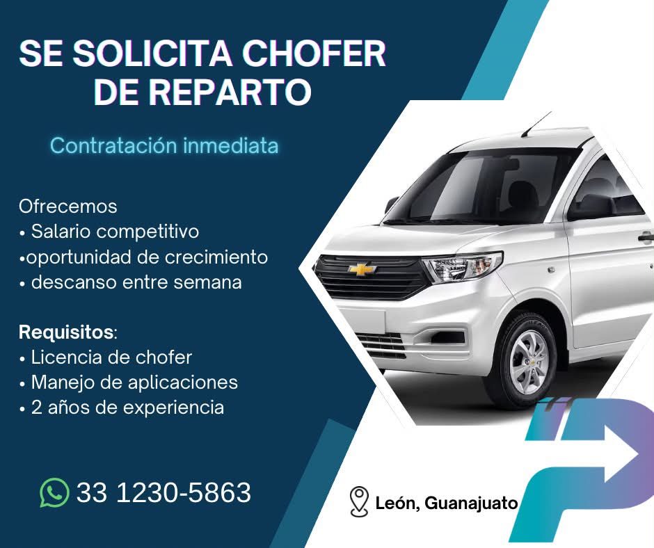 Banner del anuncio de la vacante: SE SOLICITA CHOFER · DE REPARTO · Contratación inmediata · Ofrecemos · • Salario competitivo · •oportunidad de crecimiento · • descanso entr