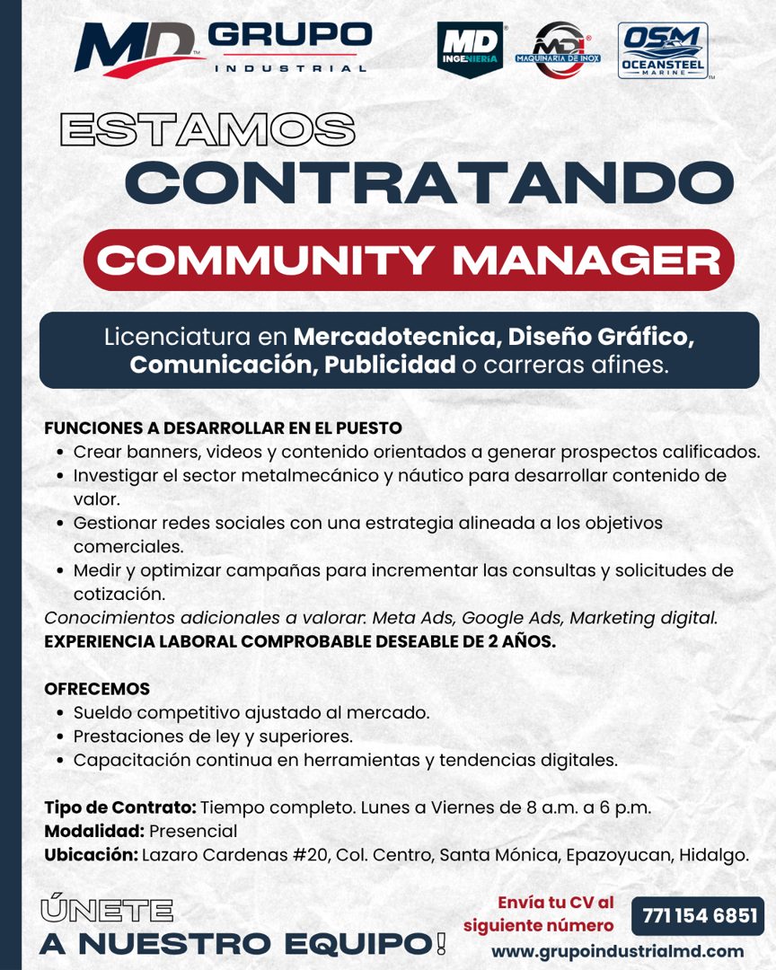 Banner del anuncio de la vacante: Mn · GRUPO · INDUSTRIAL · MO · OSM · INGENIERiA · MAQUINARIA DE INOX · OCEANSTEEL · - MARINE · ESTAMOS · CONTRATANDO · COMMUNITY MANAGER · L