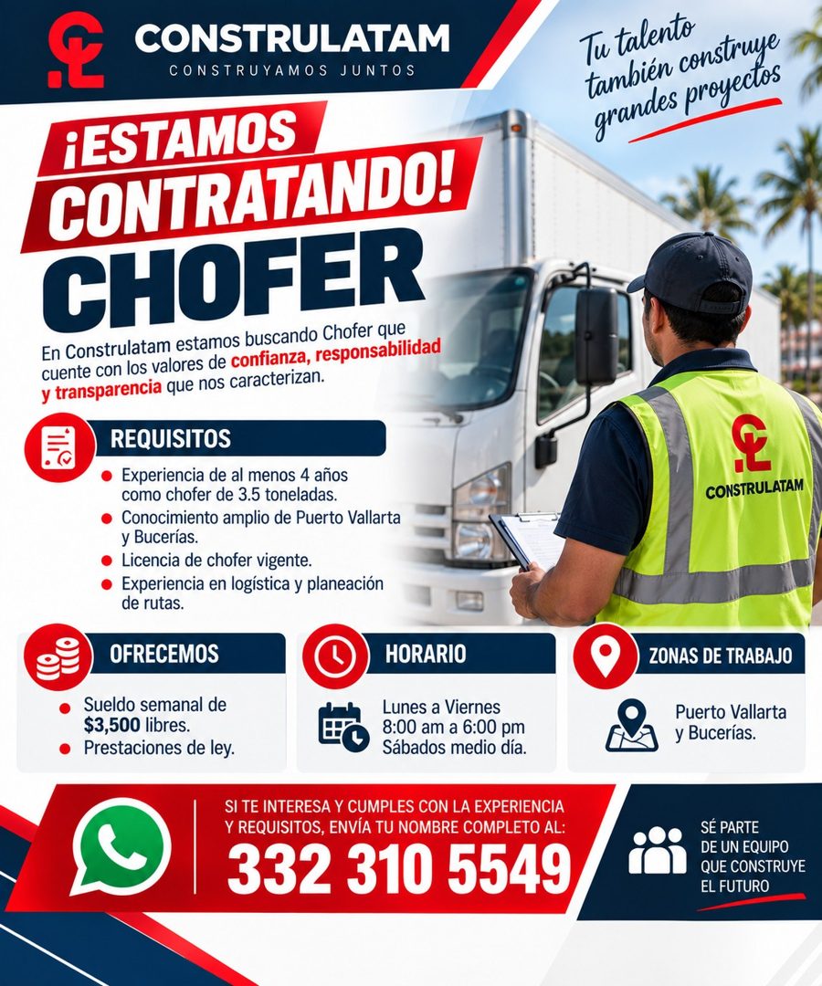 Banner del anuncio de la vacante: CONSTRULATAM · CONSTRUYAMOS JUNTOS · ¡ESTAMOS · CONTRATANDO! · CHOFER · En Construlatam estamos buscando Chofer que · cuente con los valores