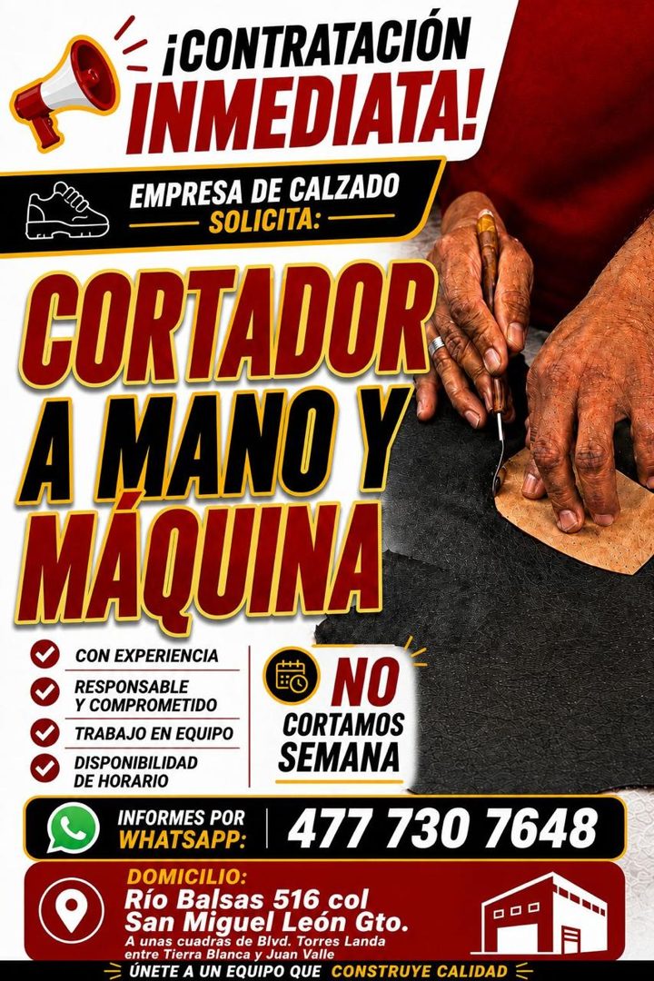Banner del anuncio de la vacante: ¡CONTRATACIÓN · INMEDIATA! · EMPRESA DE CALZADO · • SOLICITA: - · CORTADOR · A MANO Y · MAQUINA · CON EXPERIENCIA · RESPONSABLE · Y COMPROME