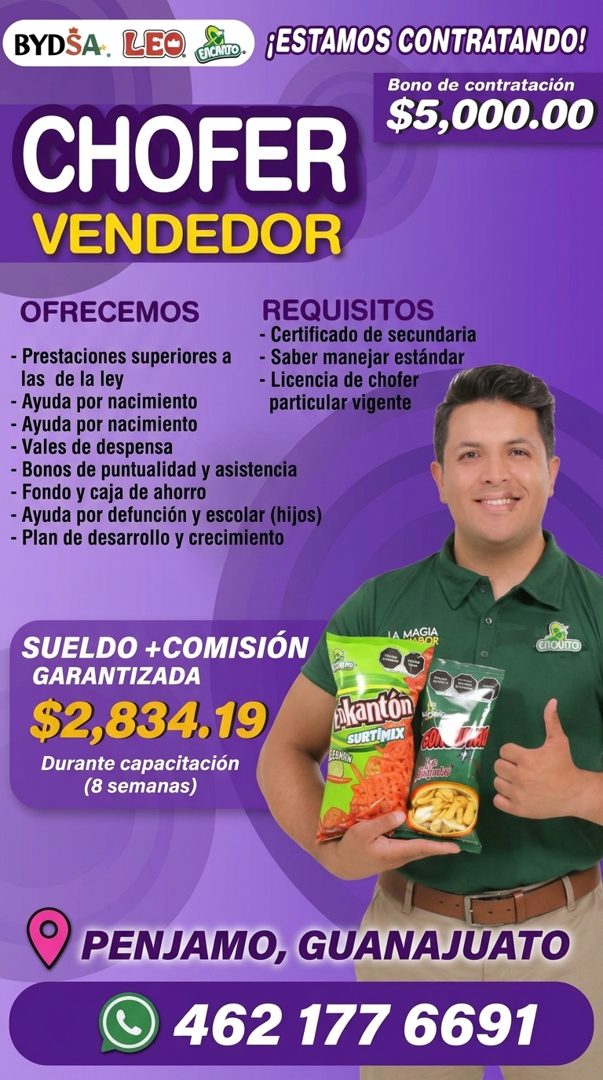 Banner del anuncio de la vacante: BYDSA. LEO · ICANO• · ¡ESTAMOS CONTRATANDO! · Bono de contratación · $5,000.00 · CHOFER · VENDEDOR · OFRECEMOS · - Prestaciones superiores a