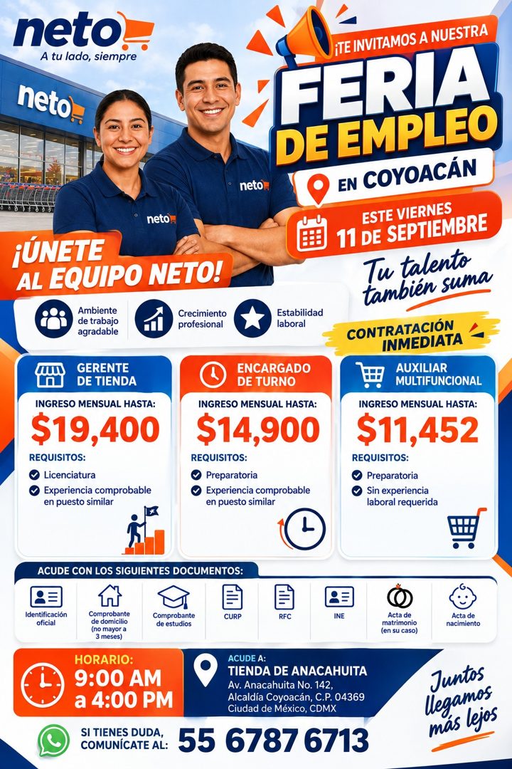 Banner del anuncio de la vacante: neto · A tu lado, siempre · neto- · neto. · ¡ÚNETE · AL EQUIPO NETO! · Ambiente · de trabajo · agradable · Crecimiento · profesional · GEREN