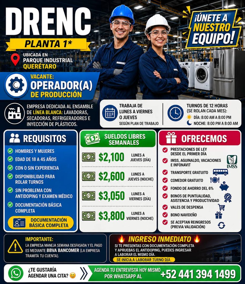 Banner del anuncio de la vacante: DRENC · PLANTA 1* · UBICADA EN · PARQUE INDUSTRIAL · QUERÉTARO · VACANTE: · OPERADOR(A) · DE PRODUCCIÓN · EMPRESA DEDICADA AL ENSAMBLE · DE 