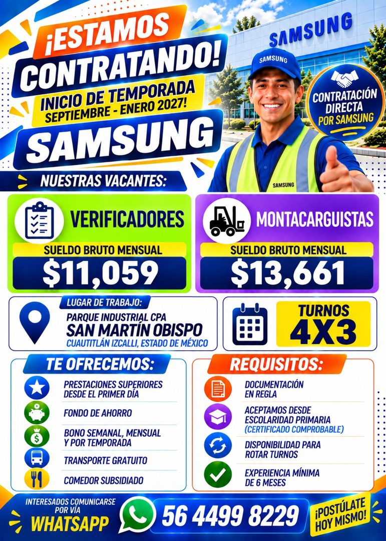 Banner del anuncio de la vacante: ¡ESTAMOS · CONTRATANDO! · INICIO DE TEMPORADA · SEPTIEMBRE - ENERO 2027! · SAMSUNG · NUESTRAS VACANTES: · VERIFICADORES · SUELDO BRUTO MENSU