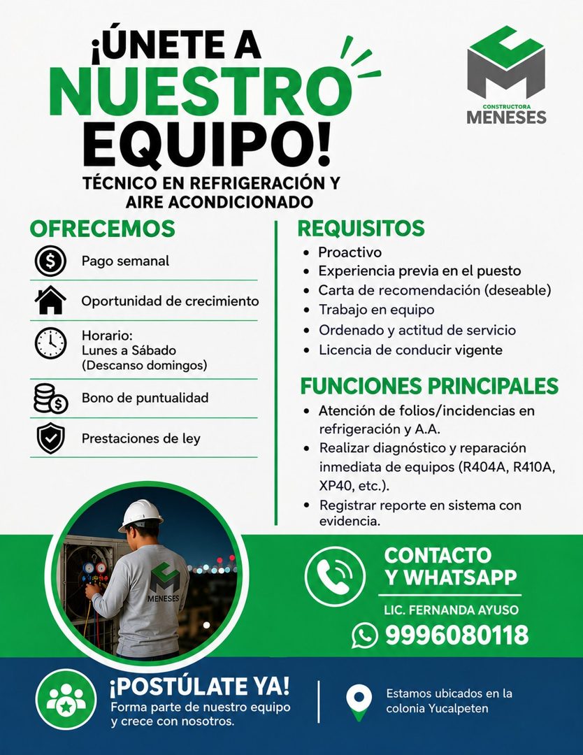 Banner del anuncio de la vacante: ¡ÚNETE A · NUESTRO- · EQUIPO! · CONSTRUCTORA · MENESES · TÉCNICO EN REFRIGERACIÓN Y · AIRE ACONDICIONADO · OFRECEMOS · REQUISITOS · • Proact