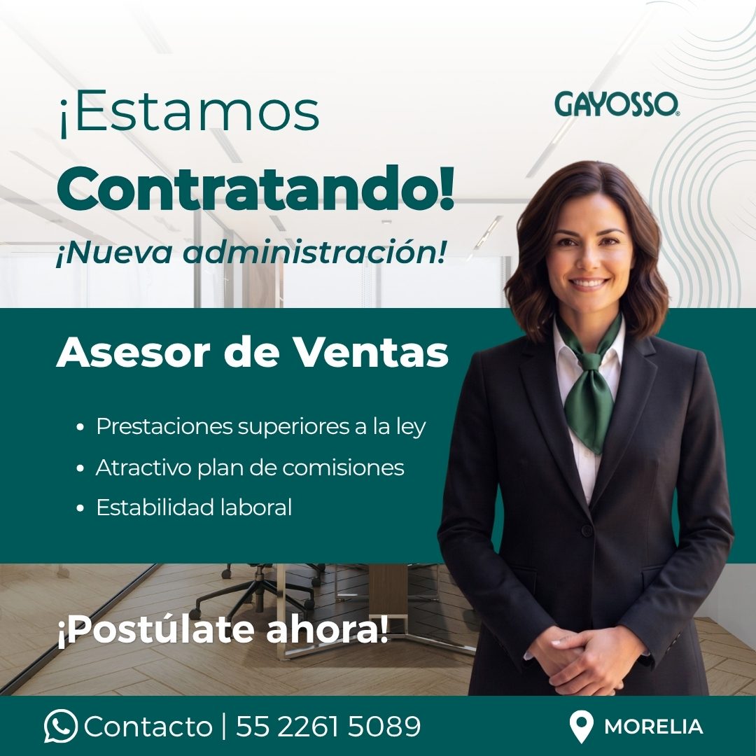 Banner del anuncio de la vacante: ¡Estamos · Contratando! · ¡Nueva administración! · Asesor de Ventas · • Prestaciones superiores a la ley · • Atractivo plan de comisiones · 