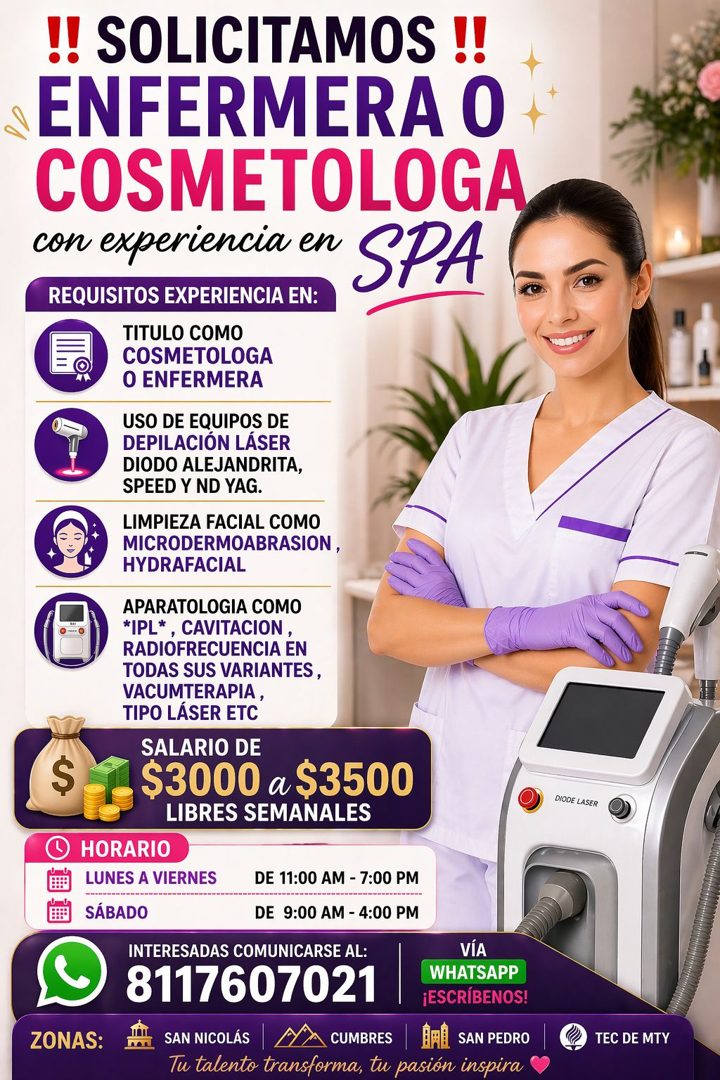 Banner del anuncio de la vacante: !! SOLICITAMOS !! · ENFERMERA O · COSMETOLOGA · con experiencia en SPA · REQUISITOS EXPERIENCIA EN: · TITULO COMO · COSMETOLOGA · O ENFERMER