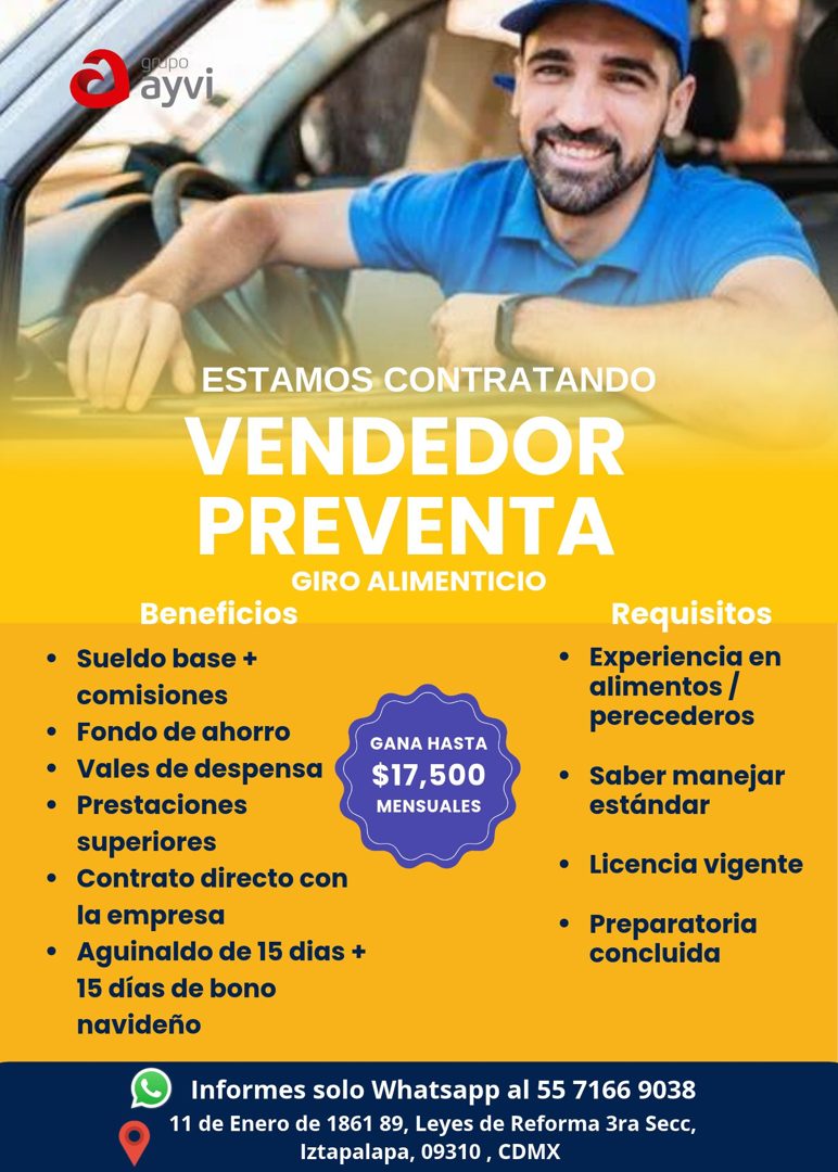 Banner del anuncio de la vacante: grupo · ayvi · ESTAMOS CONTRATANDO · VENDEDOR · PREVENTA · GIRO ALIMENTICIO · Beneficios · • Sueldo base + · comisiones · • Fondo de ahorro 