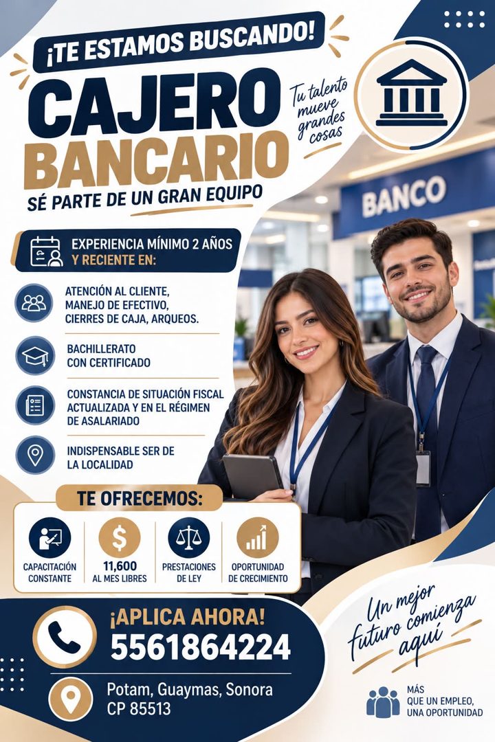 Banner del anuncio de la vacante: ¡TE ESTAMOS BUSCANDO! · CAJERO · Tu talento · mueve · BANCARIO · grandes · cosas · SÉ PARTE DE UN GRAN EQUIPO · BANCO · CAPACITACIÓN · CONST