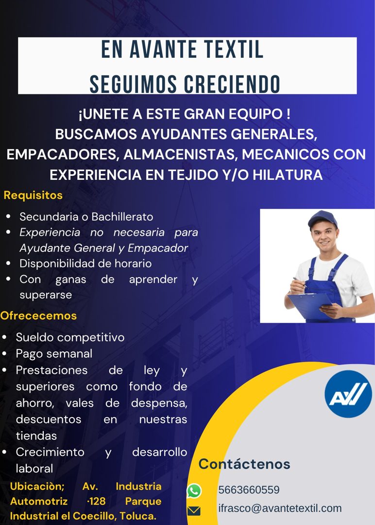 Banner del anuncio de la vacante: EN AVANTE TEXTIL · SEGUIMOS CRECIENDO · ¡UNETE A ESTE GRAN EQUIPO ! · BUSCAMOS AYUDANTES GENERALES, · EMPACADORES, ALMACENISTAS, MECANICOS C