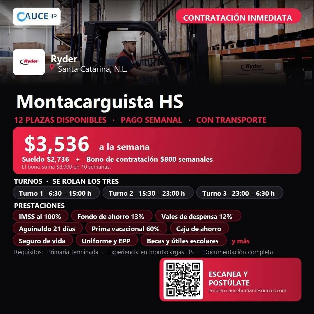 Banner del anuncio de la vacante: CAUCE HR · CONTRATACIÓN INMEDIATA · -Ryder · Ryder · Santa Catarina, N.L. · Ryder · Montacarguista HS · 12 PLAZAS DISPONIBLES • PAGO SEMANAL