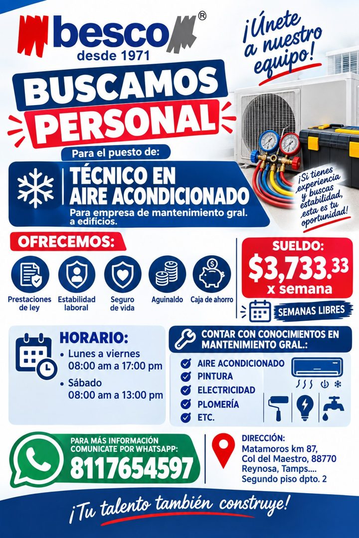 Banner del anuncio de la vacante: besco · desde 1971 · BUSCAMOS · PERSONAL · Para el puesto de: · I TÉCNICO EN · AIRE ACONDICIONADO · Para empresa de mantenimiento gral. · a 