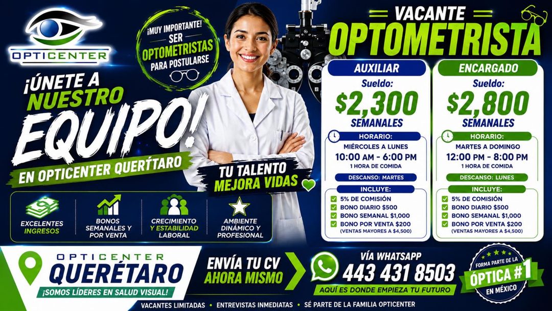 Banner del anuncio de la vacante: OPTICENTER · MUY IMPORTANTE! · SER- · OPTOMETRISTAS · PARA POSTULARSE · 00 · ¡ÚNETE A · NUESTRO · EQUIPO · EN OPTICENTER QUERITARO · TU TALE