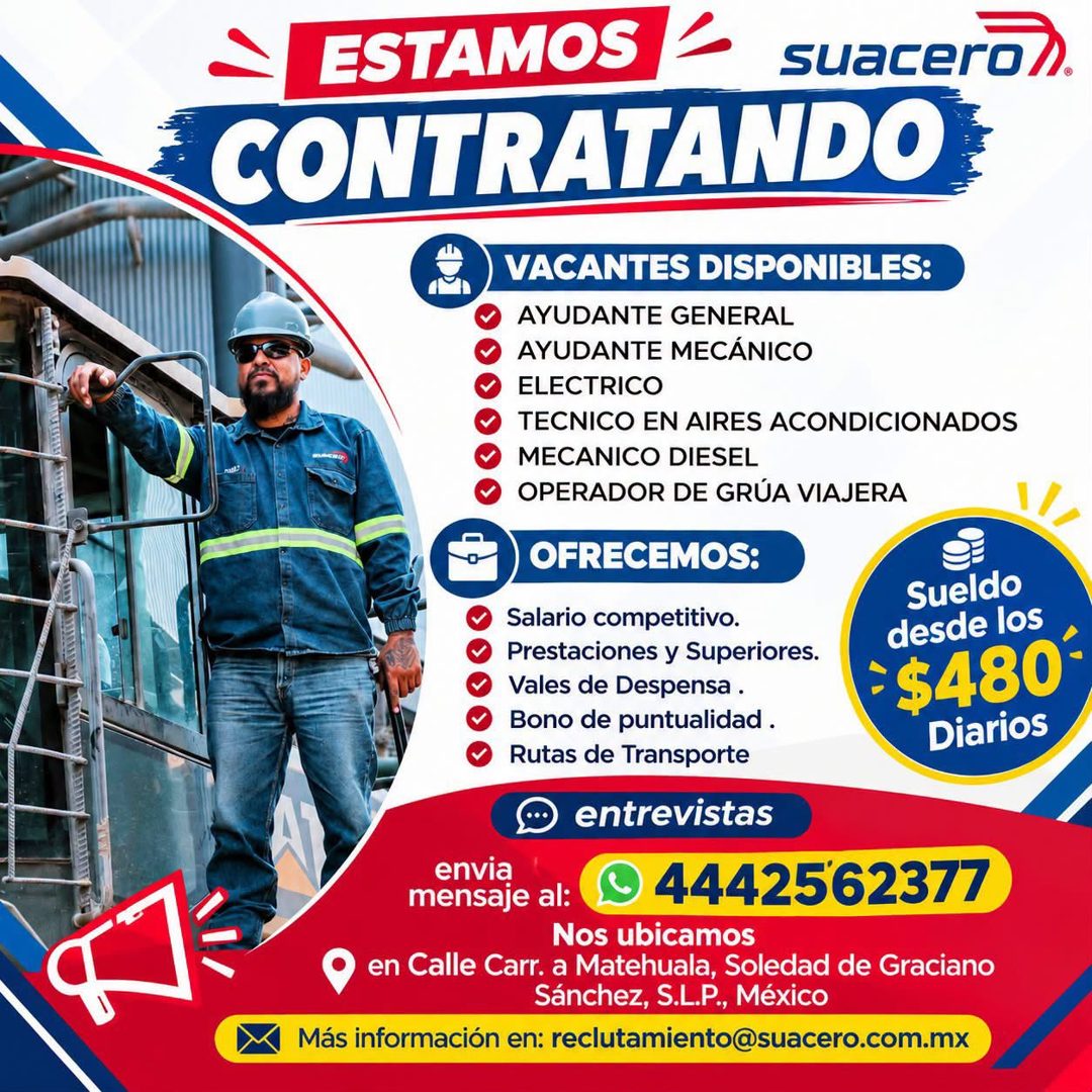 Banner del anuncio de la vacante: ESTAMOS · suacero · CONTRATANDO · VACANTES DISPONIBLES: · AYUDANTE GENERAL · AYUDANTE MECÁNICO · ELECTRICO · TECNICO EN AIRES ACONDICIONADOS