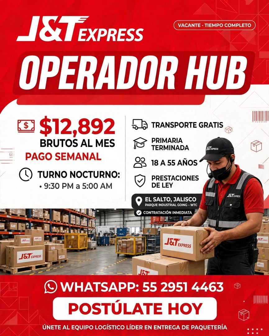 Banner del anuncio de la vacante: _&TEXPRESS · VACANTE • TIEMPO COMPLETO · OPERADOR HUB · $12,892 · BRUTOS AL MES · PAGO SEMANAL · TURNO NOCTURNO: · • 9:30 PM a 5:00 AM · TRA
