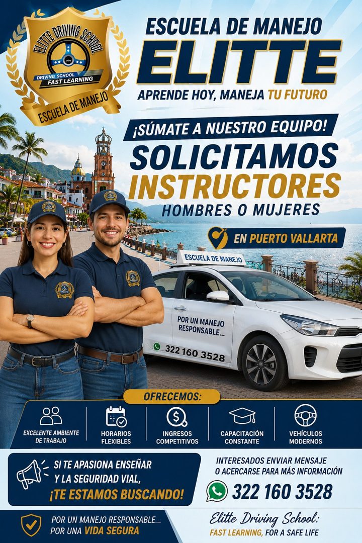 Banner del anuncio de la vacante: DRIVING SCHOOL · FAST LEARNING · ESCUELA DE MANEJO · ESCUELA DE MANEJO · ELITTE · APRENDE HOY, MANEJA TU FUTURO · ¡SÚMATE A NUESTRO EQUIPO! 