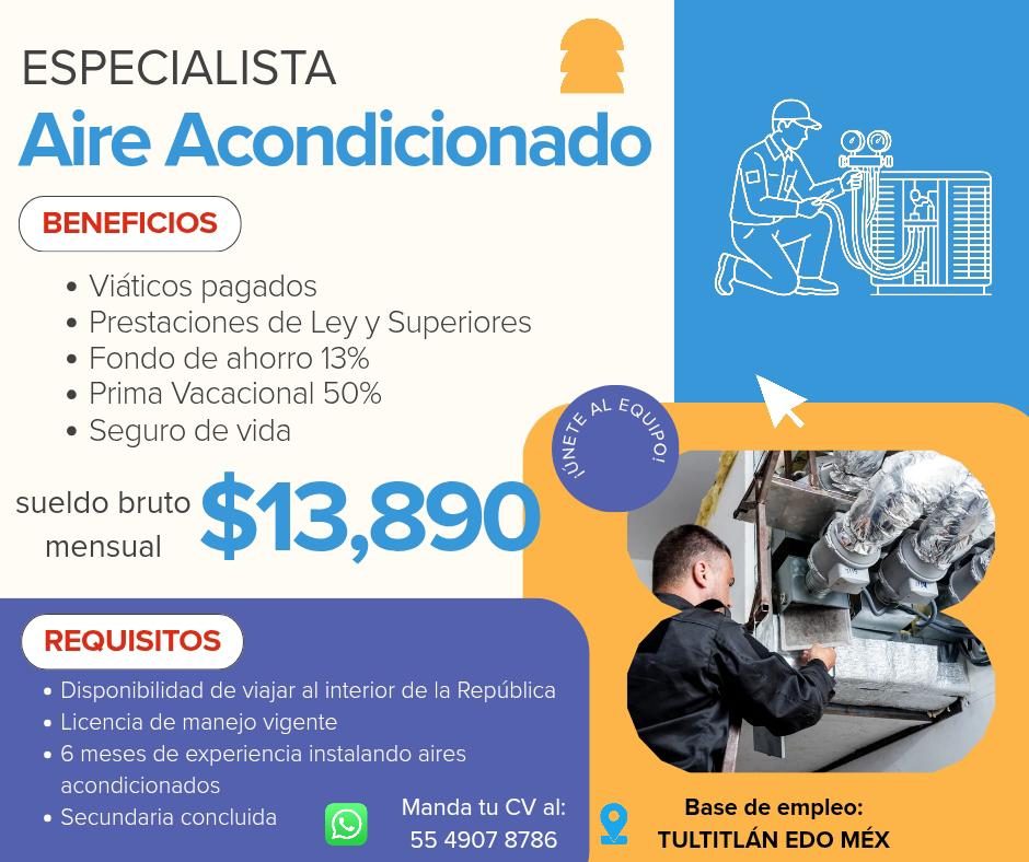 Banner del anuncio de la vacante: ESPECIALISTA · Aire Acondicionado · BENEFICIOS · • Viáticos pagados · • Prestaciones de Ley y Superiores · • Fondo de ahorro 13% · • Prima V