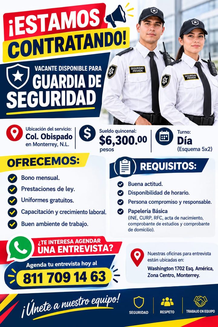Banner del anuncio de la vacante: ¡ESTAMOS · CONTRATANDO! · VACANTE DISPONIBLE PARA · GUARDIA DE · SEGURIDAD · SEGURIDAD · PRIVADA · SEGURIDAD · PRIVADA · Ubicación del servi