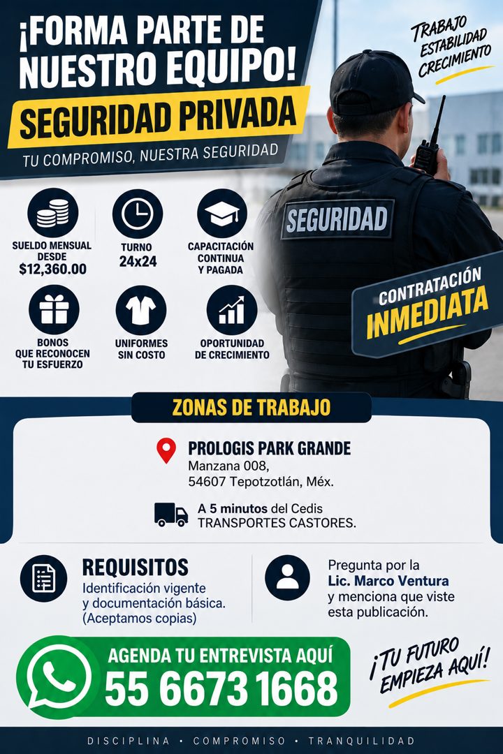 Banner del anuncio de la vacante: ¡FORMA PARTE DE · NUESTRO EQUIPO! · SEGURIDAD PRIVADA · TU COMPROMISO, NUESTRA SEGURIDAD · TRABAJO · ESTABILIDAD · CRECIMIENTO · SEGURIDAD ·