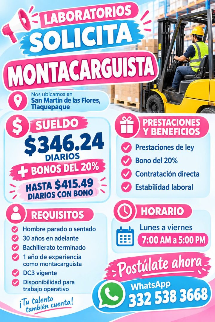 Banner del anuncio de la vacante: LABORATORIOS · SOLICITA · MONTACARGUISTA · Nos ubicamos en · San Martín de las Flores, · Tlaquepaque · $ SUELDO · $346.24 · DIARIOS · + BONO
