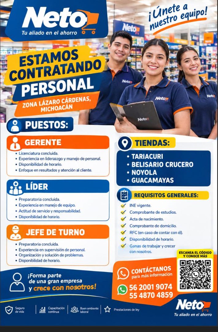 Banner del anuncio de la vacante: Neto · Tu aliado en el ahorro · Neto · ¡únete a · nuestro equipo! · ESTAMOS · CONTRATANDO · PERSONAL · ZONA LÁZARO CÁRDENAS, · MICHOACÁN · P