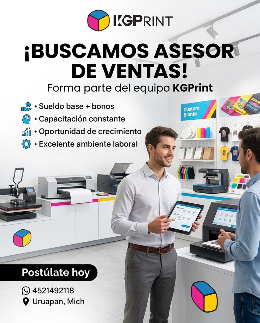 Banner del anuncio de la vacante: IKGPRINT · ¡BUSCAMOS ASESOR · DE VENTAS! · Forma parte del equipo KGPrint · • Sueldo base + bonos · Custom · Blanks · • Capacitación constan