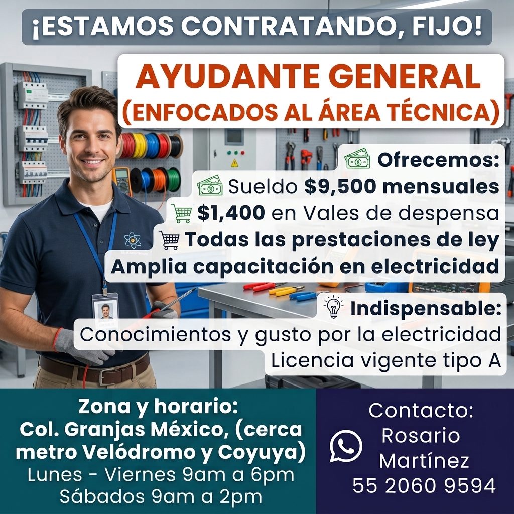 Banner del anuncio de la vacante: ¡ESTAMOS CONTRATANDO, FIJO! · AYUDANTE GENERAL · (ENFOCADOS AL ÁREA TÉCNICA) · Ofrecemos: · Sueldo $9,500 mensuales · $1,400 en Vales de des