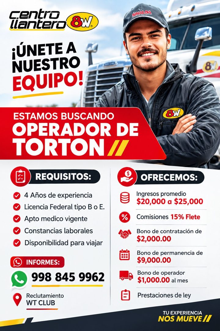 Banner del anuncio de la vacante: c.entro · llantero · 8W. · ¡ÚNETE A · NUESTRO · EQUIPO! · SINALOA · 8 · ESTAMOS BUSCANDO · OPERADOR DE · TORTON / · REQUISITOS: · 4 Años de 