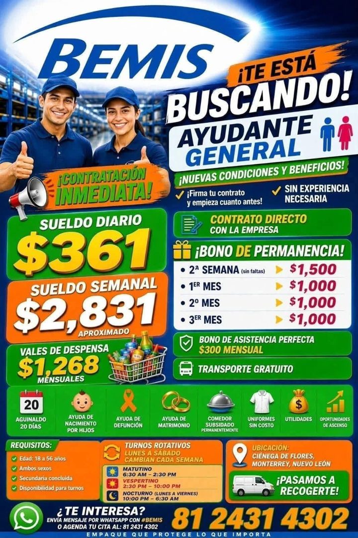 Banner del anuncio de la vacante: BEMIS · BUSCANDO! · iTE ESTÁ · AYUDANTE · GENERAL · JCONTRATACION · ¡NUEVAS CONDICIONES Y BENEFICIOS! · INMEDIATAS · SIN EXPERIENCIA · ¡Firm