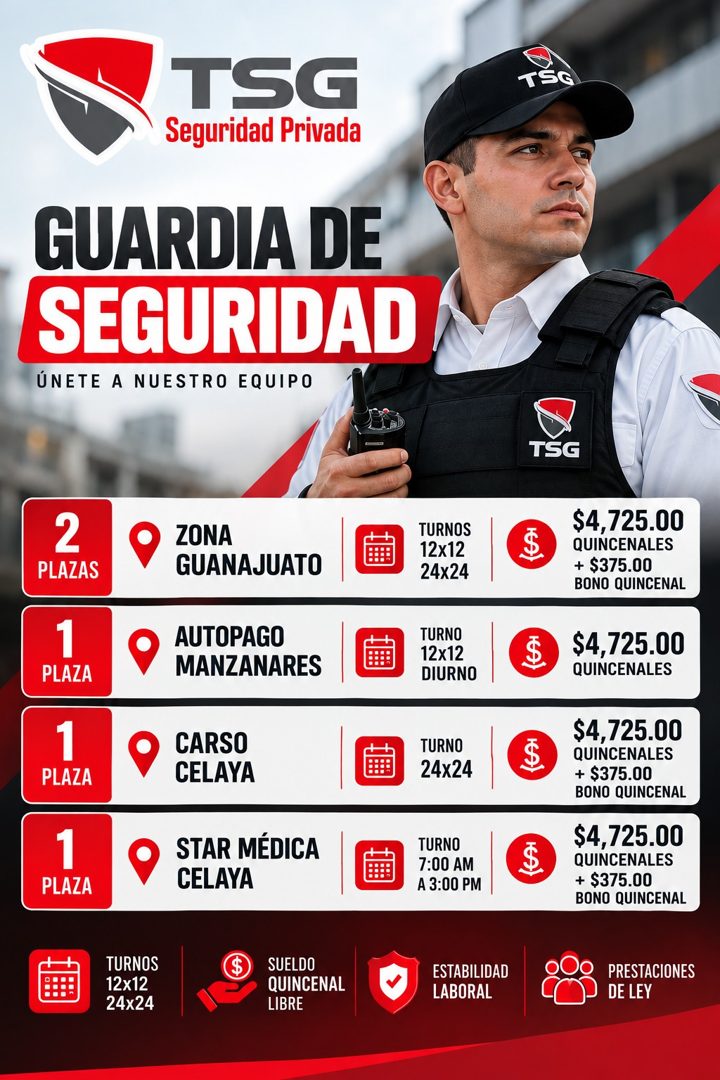 Banner del anuncio de la vacante: TSG · Seguridad Privada · TSG · GUARDIA DE · SEGURIDAD · ÚNETE A NUESTRO EQUIPO · TSG · 2 · PLAZAS · ZONA · GUANAJUATO · TURNOS · 12x12 · 24