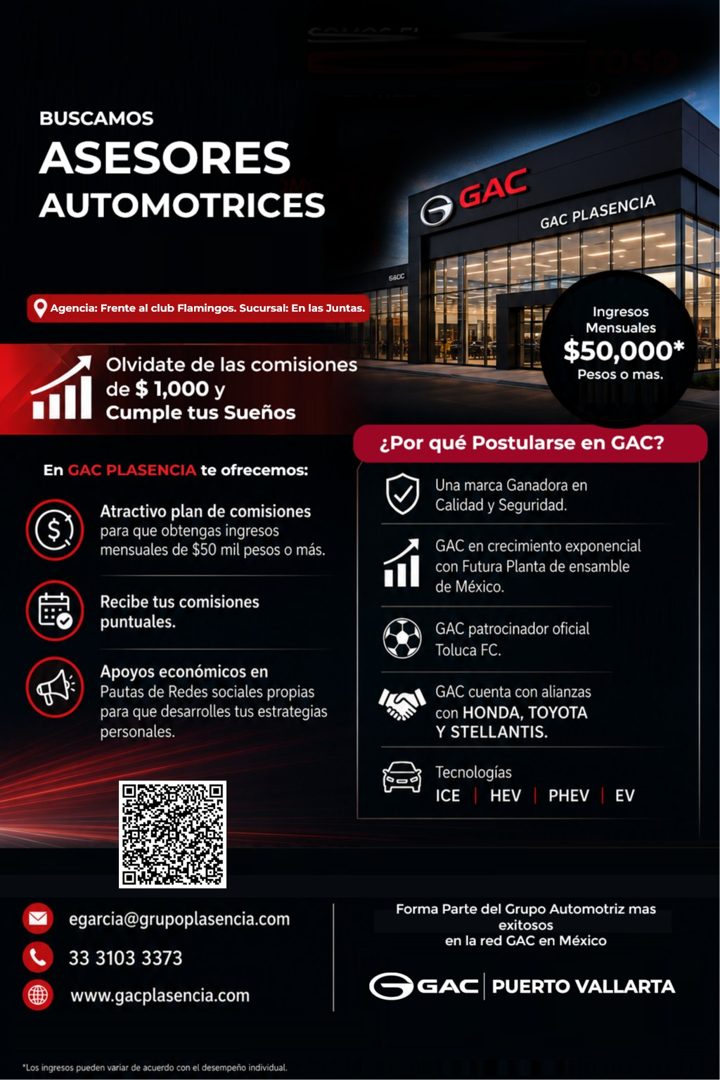 Banner del anuncio de la vacante: BUSCAMOS · ASESORES · AUTOMOTRICES · GAC · GAC PLASENCIA · 660C · • Agencia: Frente al club Flamingos. Sucursal: En las Juntas. · Ingresos ·