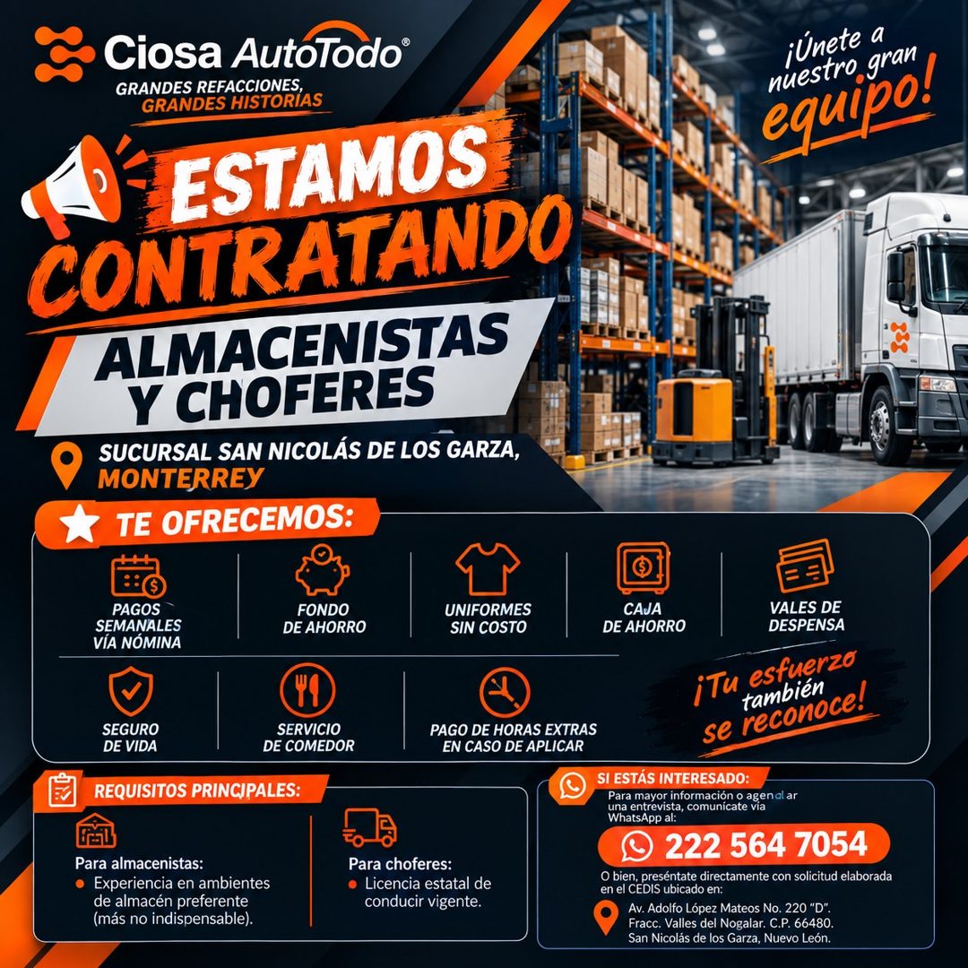 Banner del anuncio de la vacante: Ciosa AutoTodo® · GRANDES REFACCIONES, · GRANDES HISTORIAS · ESTAMOS · CONTRATANDO · ALMACENISTAS · Y CHOFERES · SUCURSAL SAN NICOLÁS DE LOS