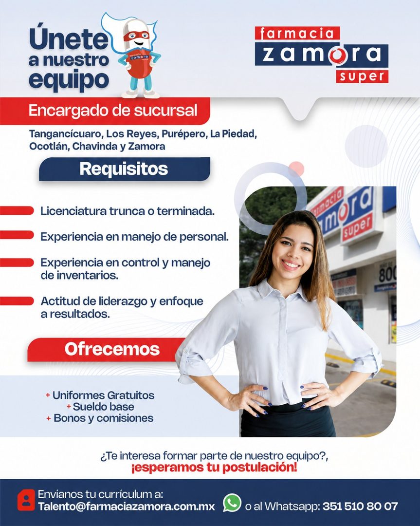 Banner del anuncio de la vacante: Unete · a nuestro · gomera · equipo · Encargado de sucursal · Tangancícuaro, Los Reyes, Purépero, La Piedad, · Ocotlán, Chavinda y Zamora · 