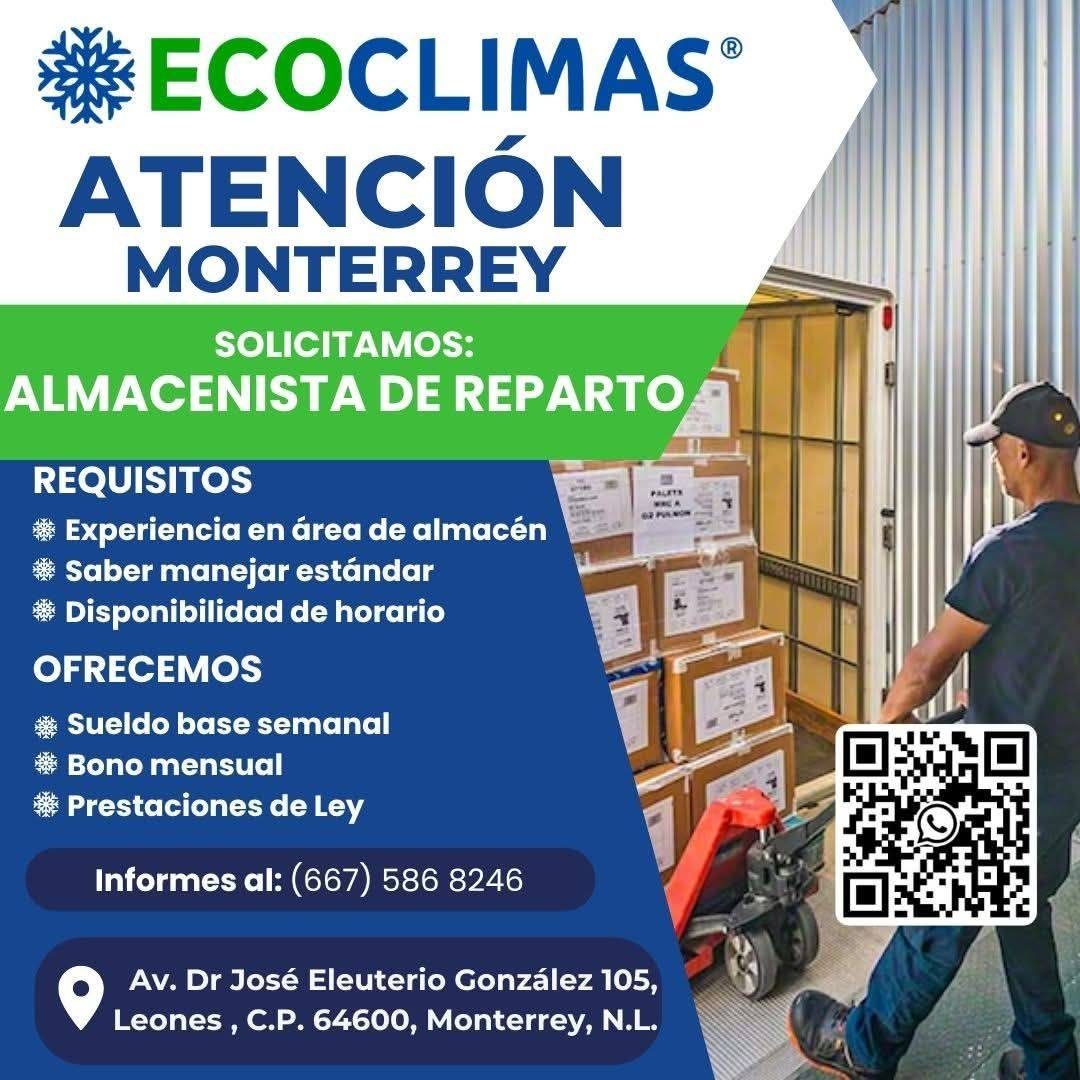 Banner del anuncio de la vacante: ECOCLIMAS® · ATENCIÓN · MONTERREY · SOLICITAMOS: · ALMACENISTA DE REPARTO · REQUISITOS · Experiencia en área de almacén · • Saber manejar es