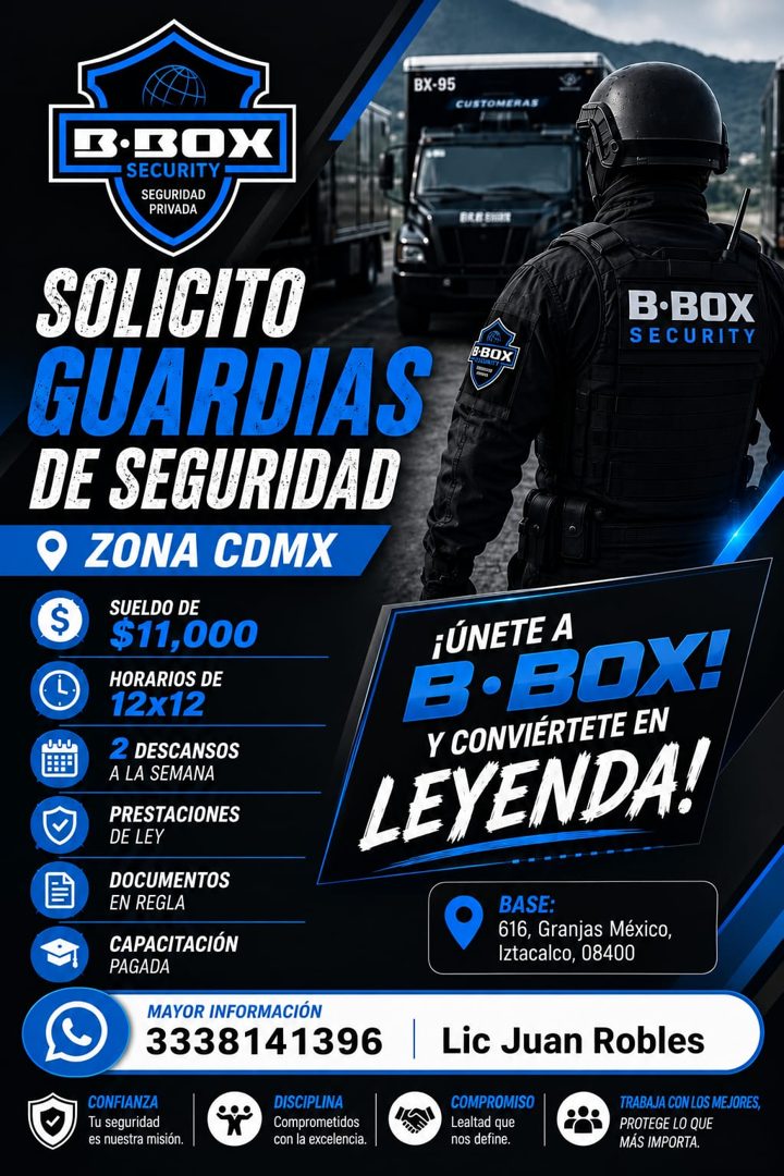 Banner del anuncio de la vacante: BX-95 · CUSTOMERA · 3.3OX · SECURITY · SEGURIDAD · PRIVADA · SOLICHO · GUARDIAS · DE SEGURIDAD · ZONA CDMX · SUELDO DE · $11,000 · HORARIOS 