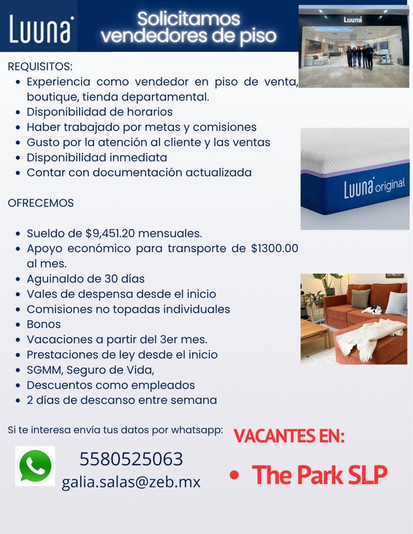 Banner del anuncio de la vacante: Luuna®™ · Solicitamos · vendedores de piso · REQUISITOS: · • Experiencia como vendedor en piso de venta, · boutique, tienda departamental. ·