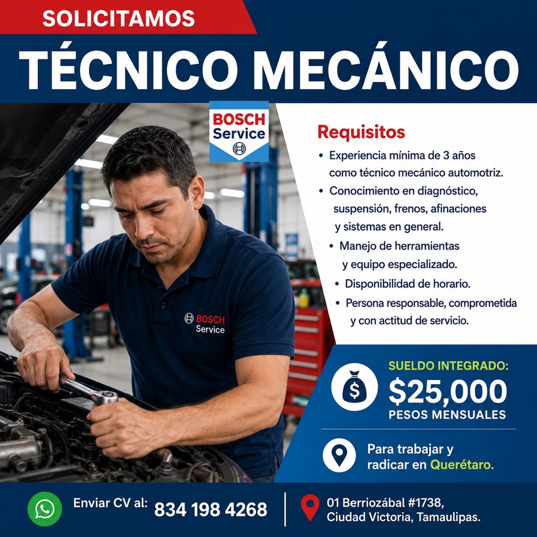 Banner del anuncio de la vacante: SOLICITAMOS · TÉCNICO MECÁNICO · BOSCH · Service · © BOSCH · Service · Requisitos · • Experiencia mínima de 3 años · como técnico mecánico a
