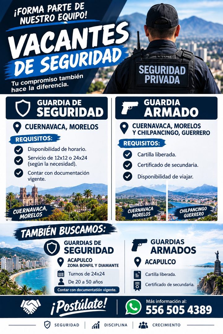 Banner del anuncio de la vacante: ¡FORMA PARTE DE · NUESTRO EQUIPO! · VACANTES · DE SEGURIDAD · Tu compromiso también · hace la diferencia. · GUARDIA DE · SEGURIDAD · CUERNAV