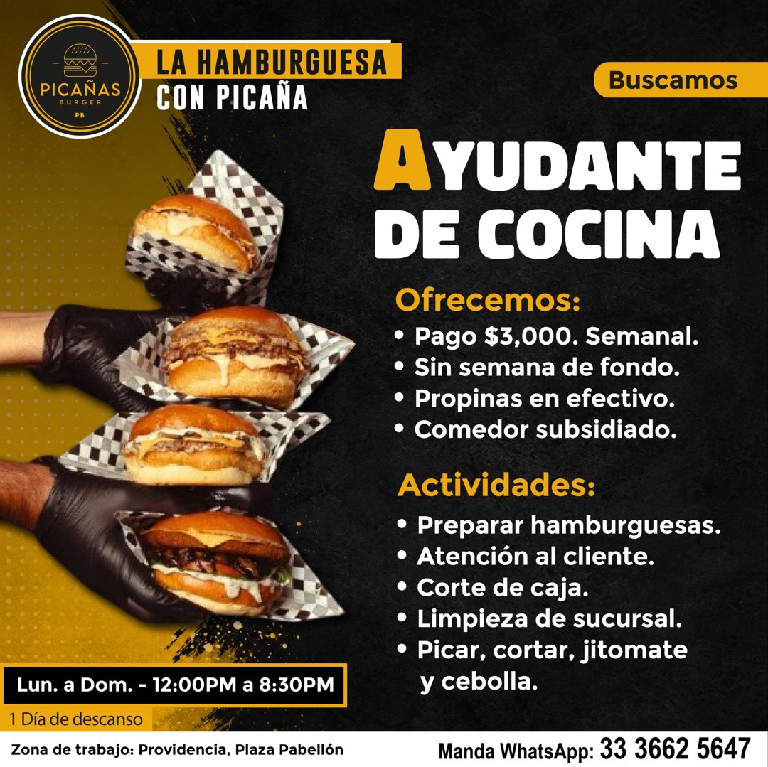 Banner del anuncio de la vacante: PICAÑAS · BURGER · P B · LA HAMBURGUESA · CON PICANA · Lun. a Dom. - 12:00PM a 8:30PM · 1 Día de descanso · Zona de trabajo: Providencia, Pl