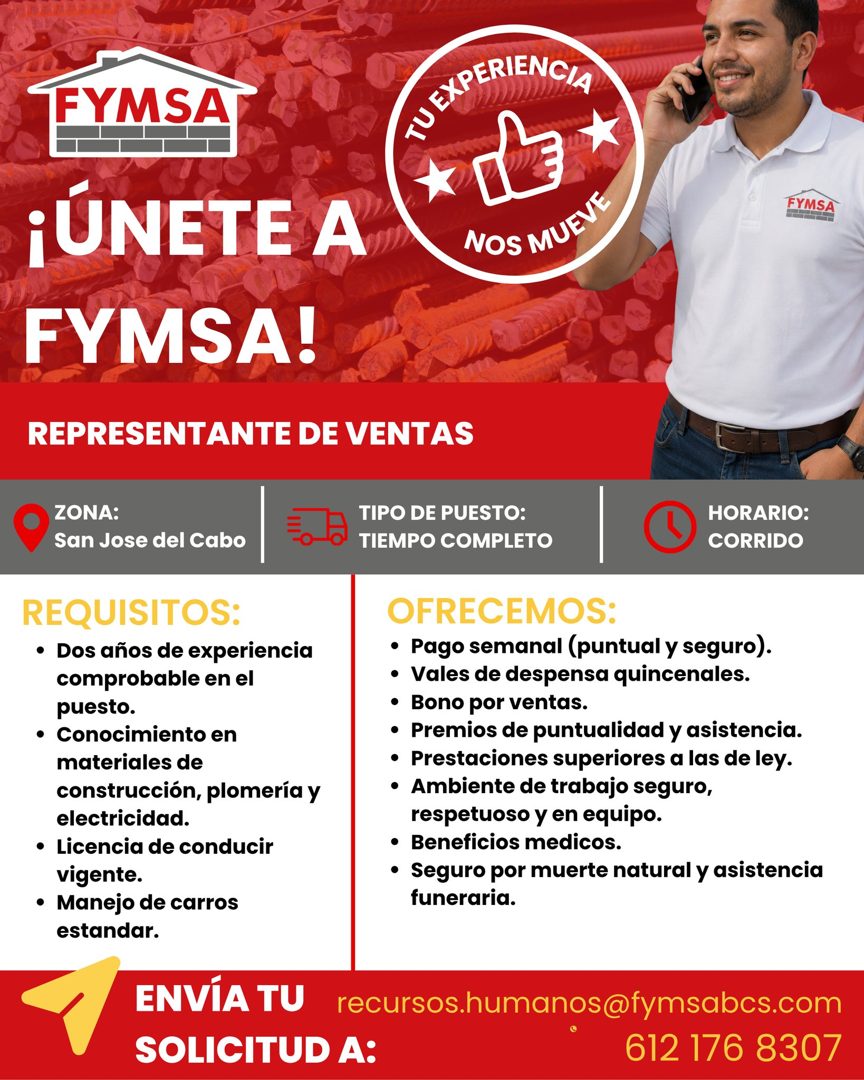 Banner del anuncio de la vacante: FYMSA · ¡ÚNETE A · FYMSA! · REPRESENTANTE DE VENTAS · NOS MUEVE · FYMSA · ZONA: · San Jose del Cabo · TIPO DE PUESTO: · TIEMPO COMPLETO · HO
