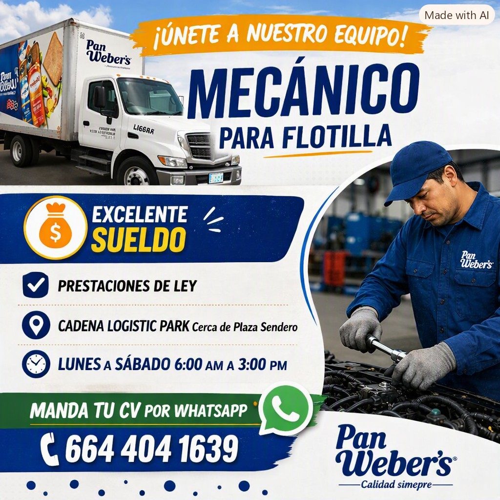 Banner del anuncio de la vacante: Made with Al · Pan · Weber's · TWIT · LIGGAR · ¡ÚNETE A NUESTRO EQUIPO! · MECÁNICO · PARA FLOTILLA · EXCELENTE · S · Ruebers® · PRESTACIONES