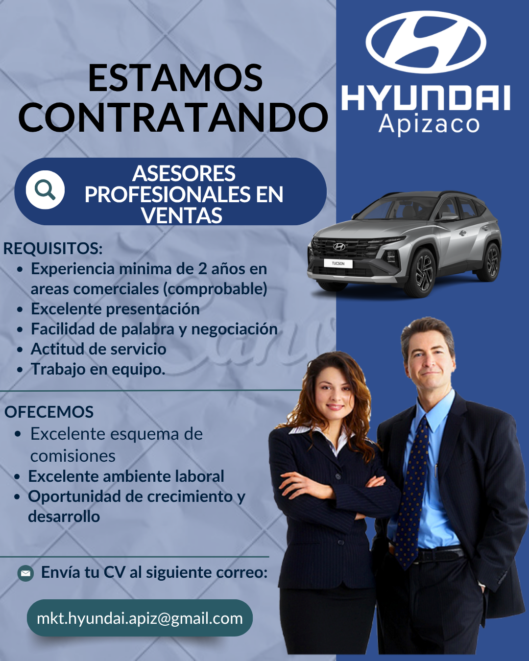 Banner del anuncio de la vacante: ESTAMOS · CONTRATANDO · ASESORES · PROFESIONALES EN · VENTAS · HYUNDAI · Apizaco · REQUISITOS: · • Experiencia minima de 2 años en · areas c
