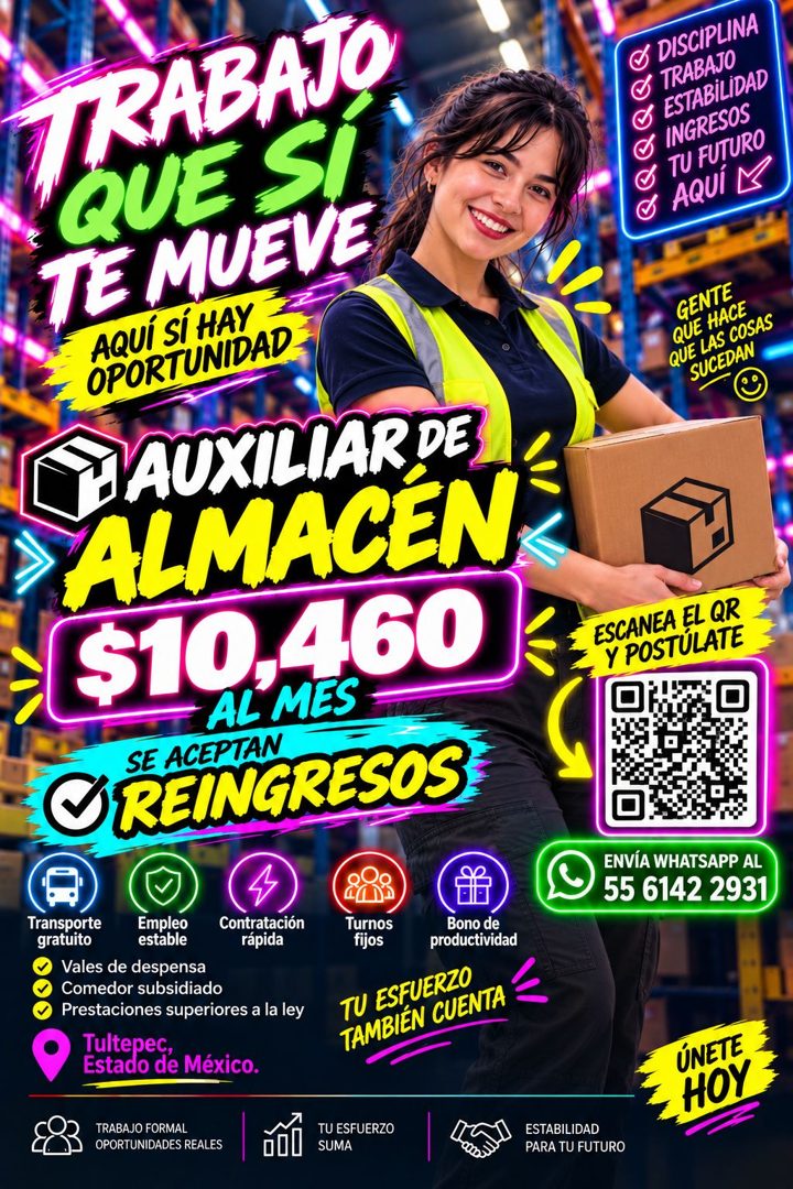 Banner del anuncio de la vacante: TRABATO · QUE SI · TE MUEVE · AQUÍ SÍ HAY · OPORTUNIDAD · MAUXILIAR DE · ALMACÉN · $10,460 · AL MES · SE ACEPTAN · O REINGRESOS · O DISCIPLI