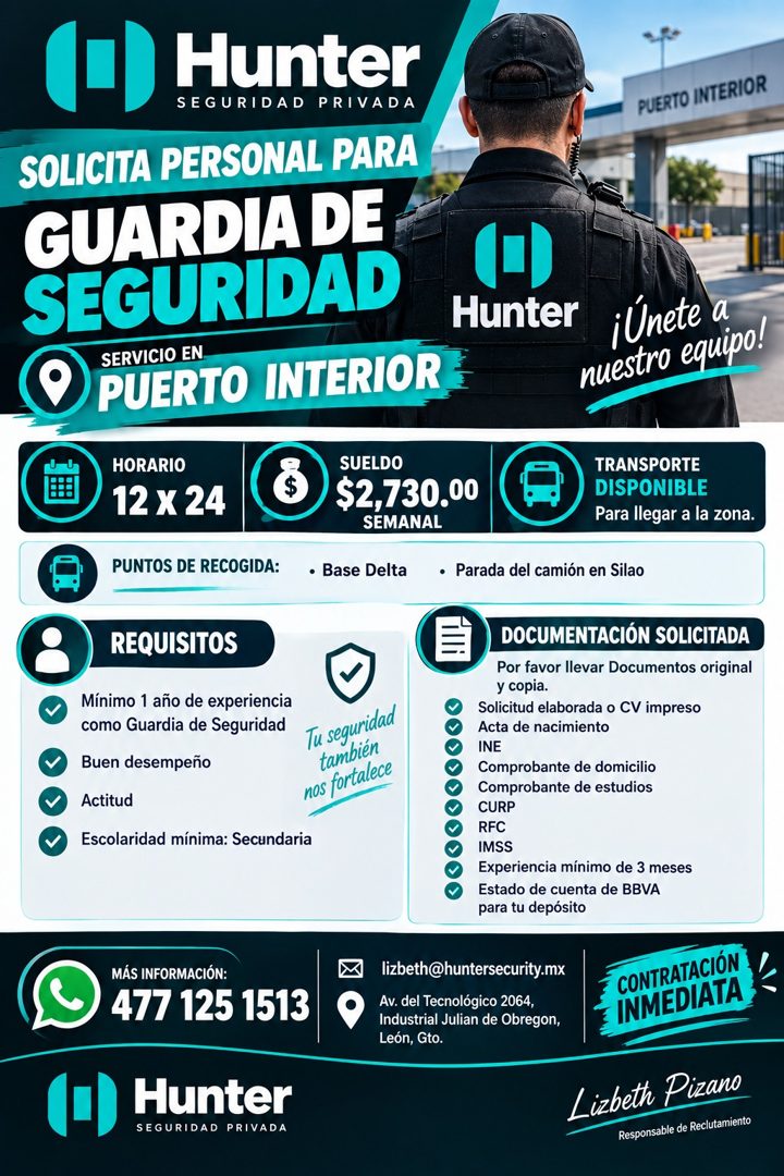 Banner del anuncio de la vacante: (1) Hunter · SEGURIDAD PRIVADA · SOLICITA PERSONAL PARA · GUARDIA DE · SEGURIDAD · SERVICIO EN- · PUERTO INTERIORE · PUERTO INTERIOR · Hunte