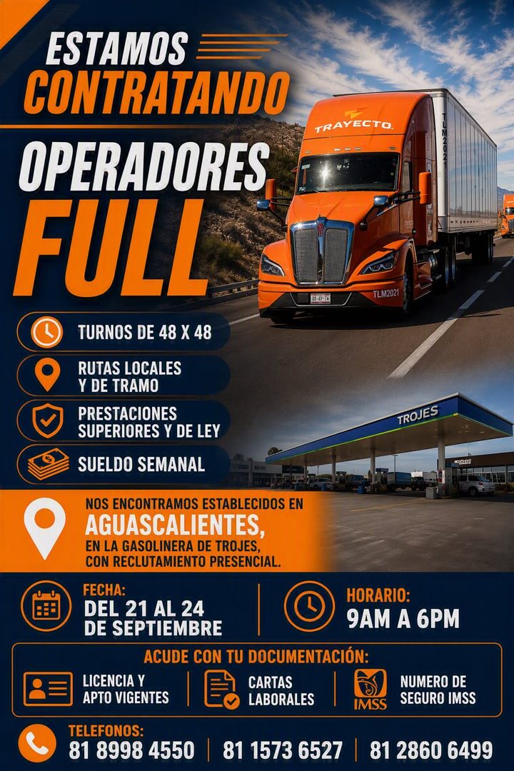 Banner del anuncio de la vacante: ESTAMOS · CONTRATANDO · TRAYECTO. · OPERADORES · FULL · TLM2021 · TURNOS DE 48 X 48 · RUTAS LOCALES · Y DE TRAMO · PRESTACIONES · SUPERIORES